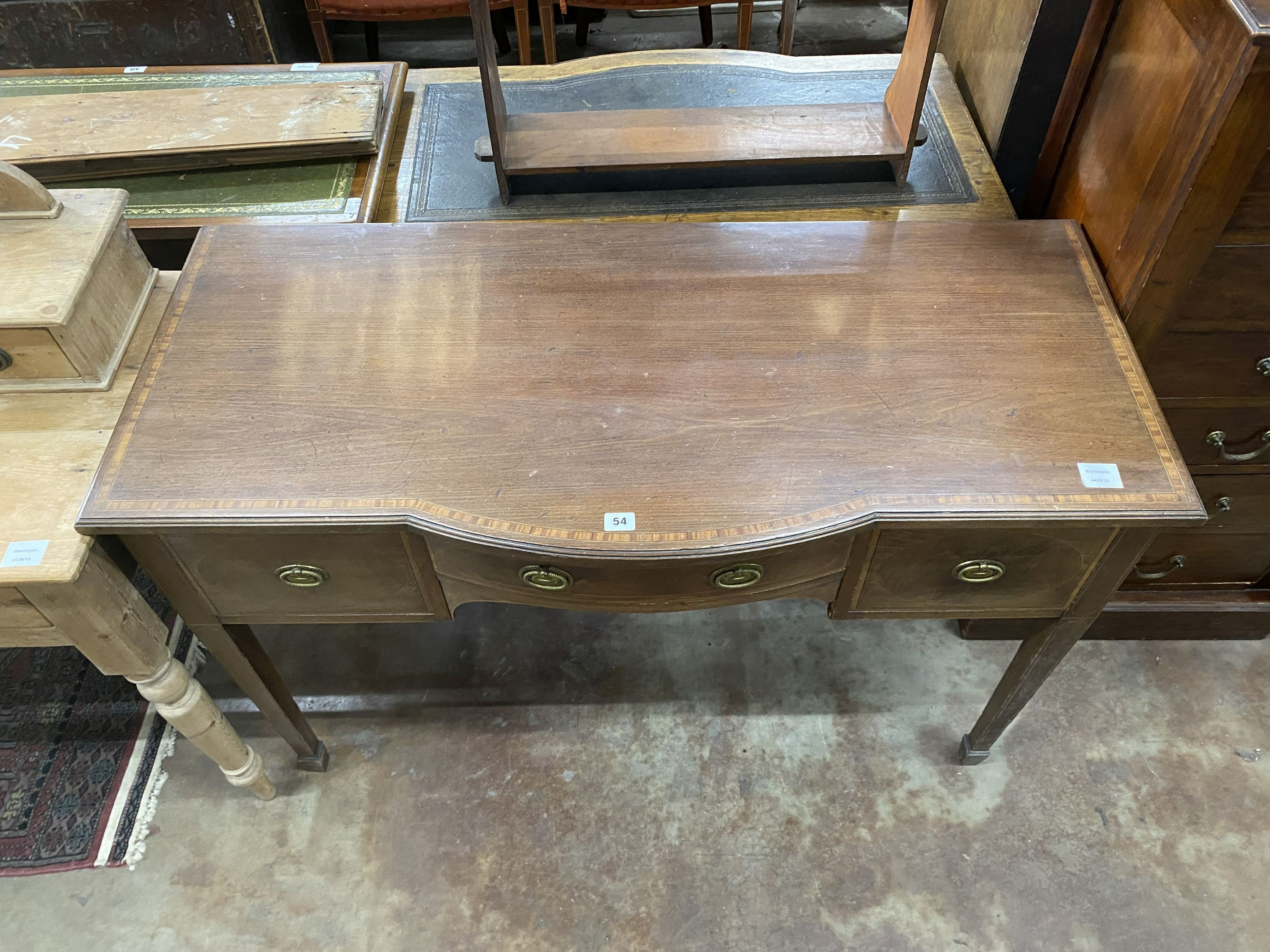 An Edwardian satinwood banded mahogany bow front side table, width 116cm, depth 53cm, height 76cm